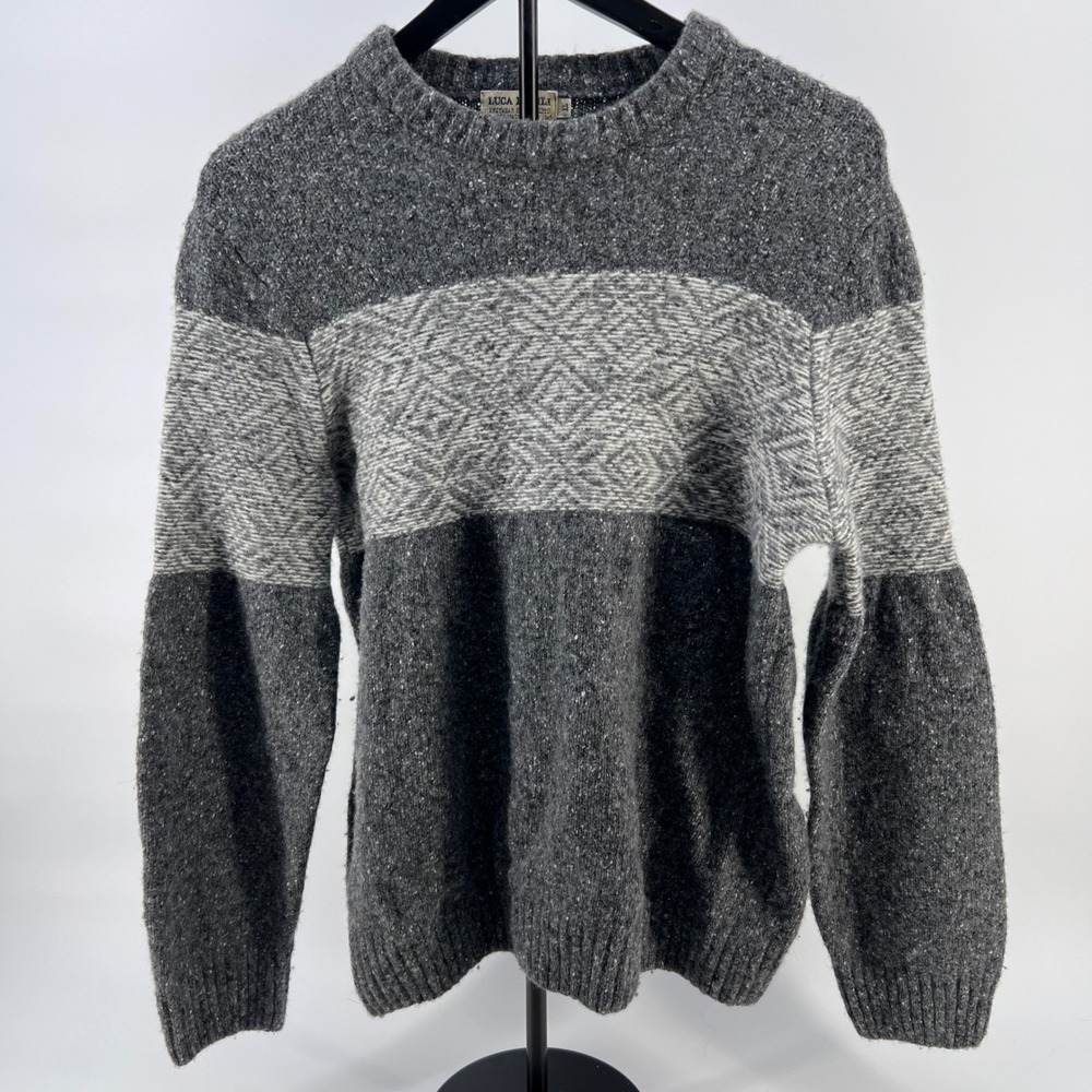 Luca Nobili Mens Wool Blend Crewneck Sweater XL Made in Italy Grey Geometric‎